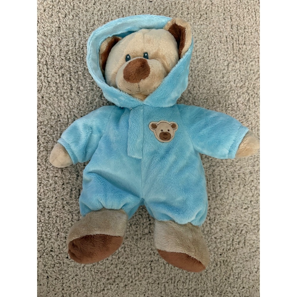 Ty Baby Lullaby Tan Teddy Bear in Blue Hooded Romper Plush TyLux 11 inch